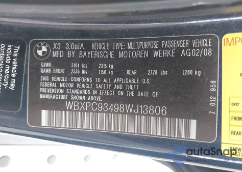 2008 BMW X3 3.0Si from USA, damaged, VIN WBXPC93498WJ13806